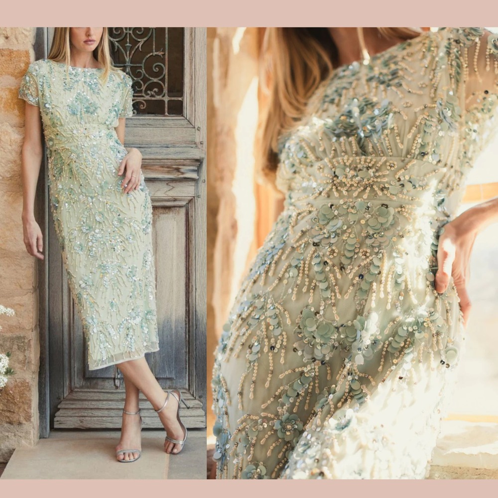 NWT MAC DUGGAL [ 8 ] 94150 Embellished Mesh Fitted Cap Sleeve Dress Sage‎ J1822